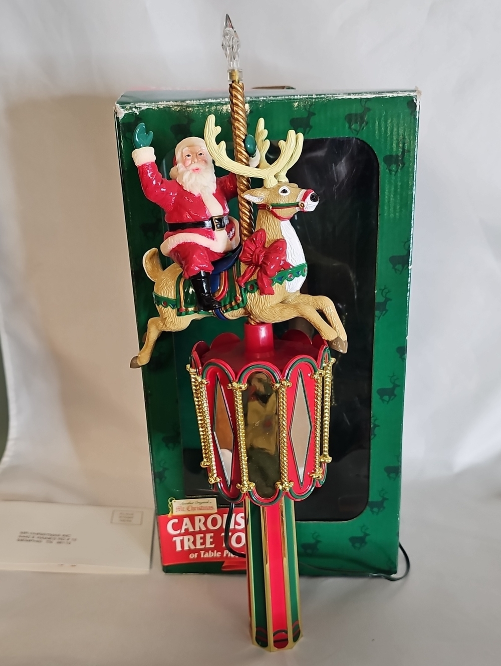 Vintage Carousel Tree Topper with Santa & Reindeer — Red/Green Holiday Accent